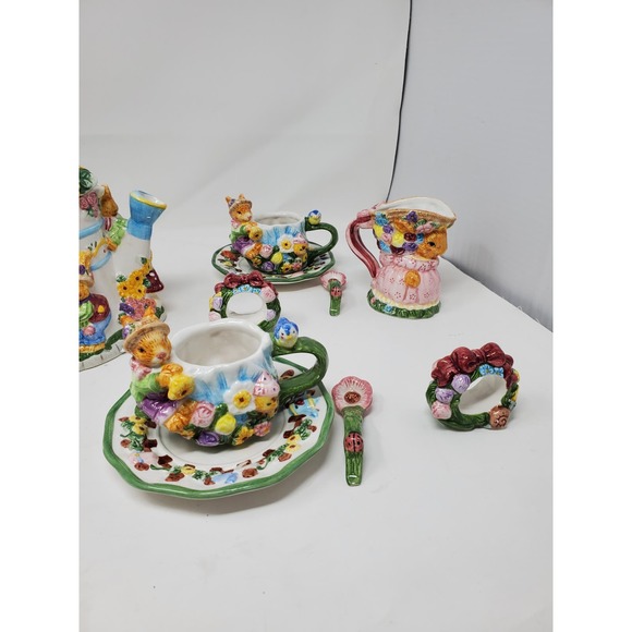 Springtime Tea Set 19pc Set New Open Box Rabbits Bunny Working Set - Picture 6 of 14